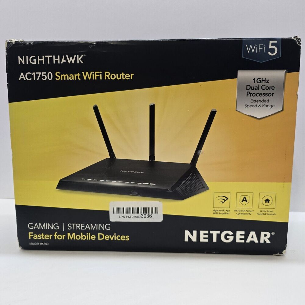 Netgear Nighthawk AC1750 Smart Dual Band WiFi Router Model# R6700-100NAS‎ NIB